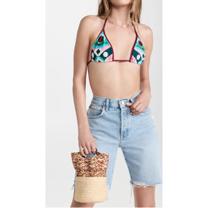 LA Double‎ J Raffia Pouch Bag Purple Tan Twill Silk Woven Sunbathing